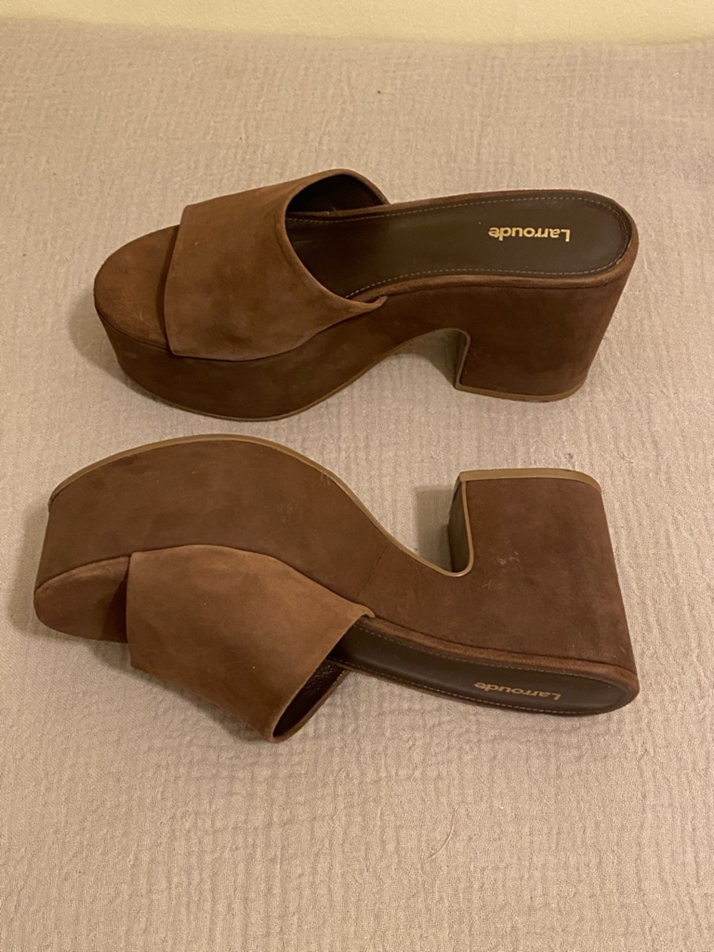 Larroude Brown Suede Platform Slide Sandals. Size 8.5